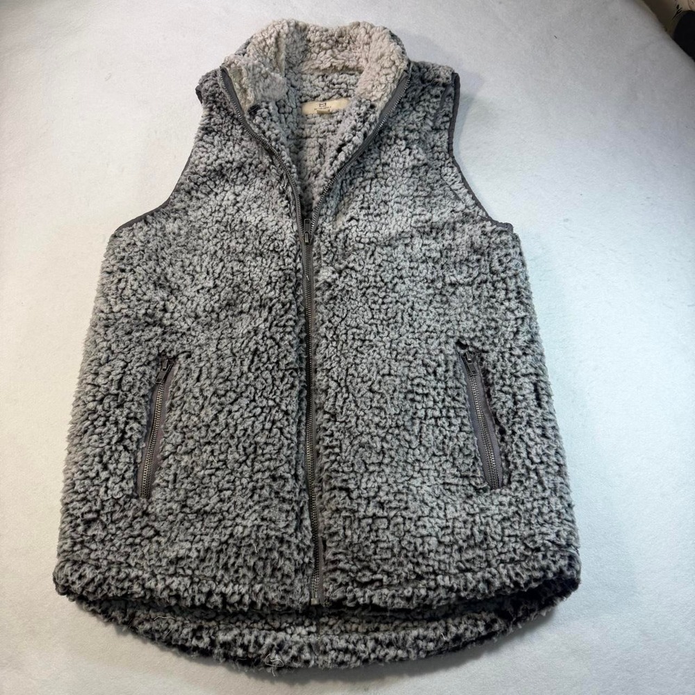 Thread & Supply Charcoal Sherpa Fleece Vest Gray Teddy Full Zip Small JAKESS